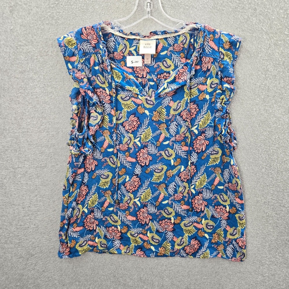 Knox Rose Women Top Medium Blue Floral Paisley Blouse Boho Flutter‎ Sleeve